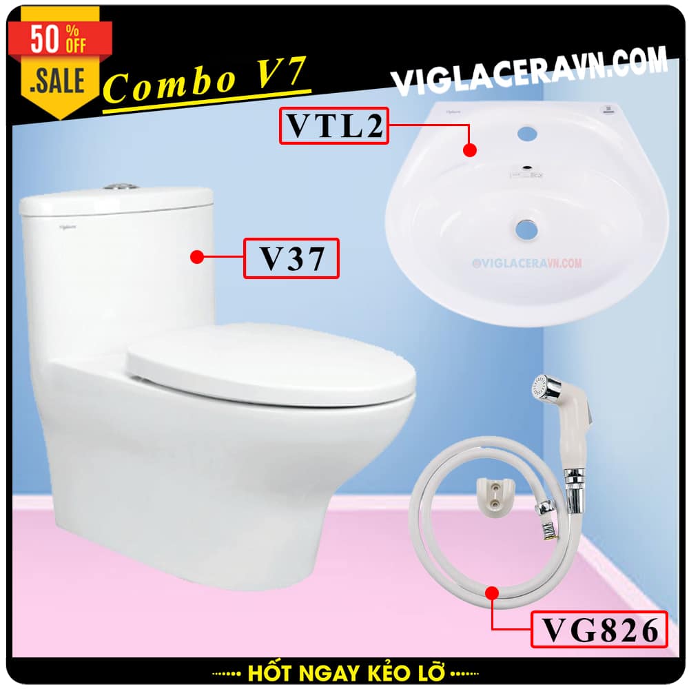 Combo khuyến mãi trọn bộ trọn bộ bồn cầu liền 1 khối Viglacera V37, vòi xịt vệ sinh VG826, chậu rửa lavabo V23.