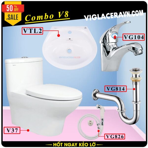 Combo khuyến mãi trọn bộ trọn bộ bồn cầu liền 1 khối Viglacera V37M, vòi xịt vệ sinh VG826, chậu rửa lavabo VTL2, vòi lavabo VG102, vả lavabo VG814
