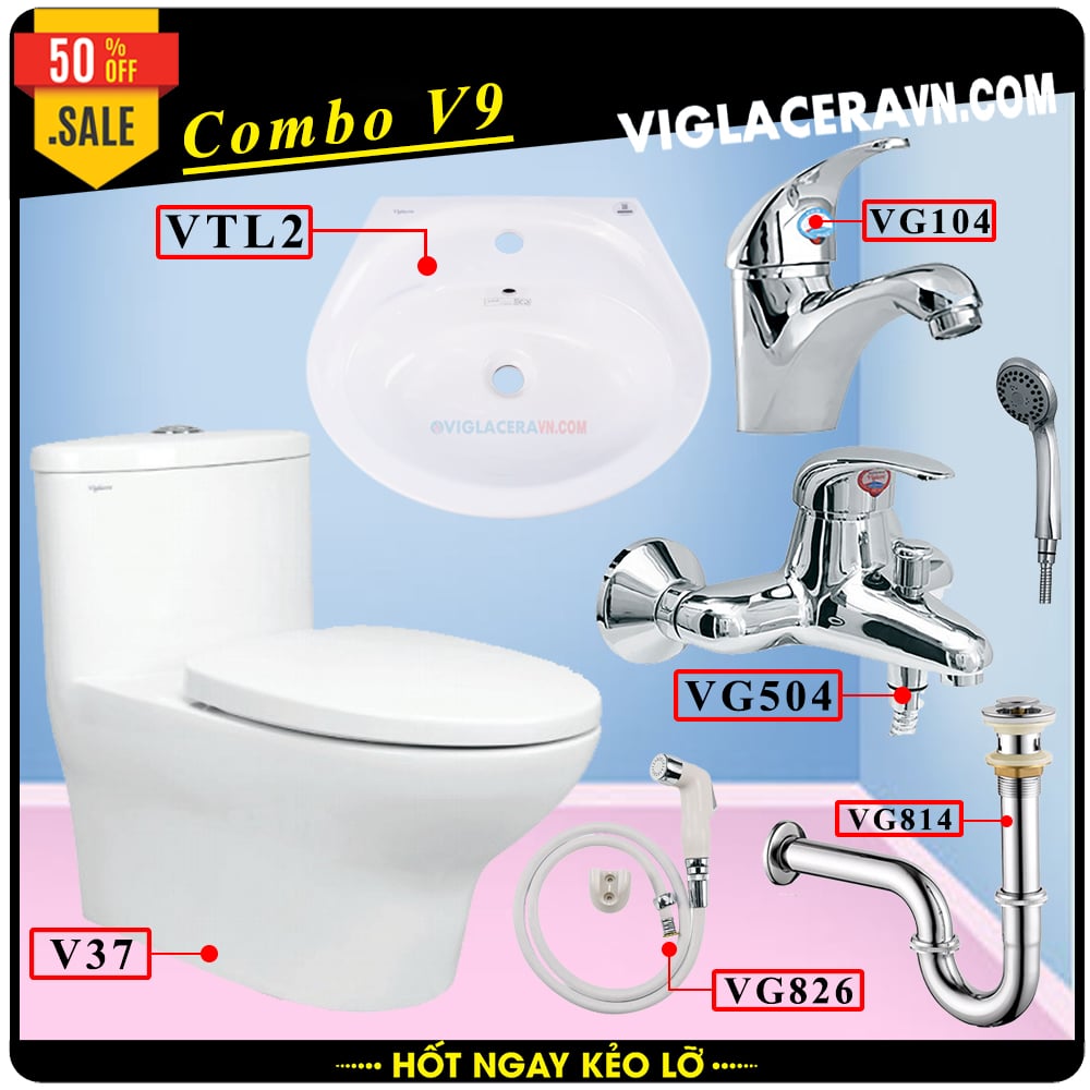 Combo khuyến mãi trọn bộ trọn bộ bồn cầu liền 1 khối Viglacera V37S, vòi xịt vệ sinh VG826, chậu rửa lavabo VTL2, vòi lavabo VG104, xả lavabo VG814, vòi sen VG504