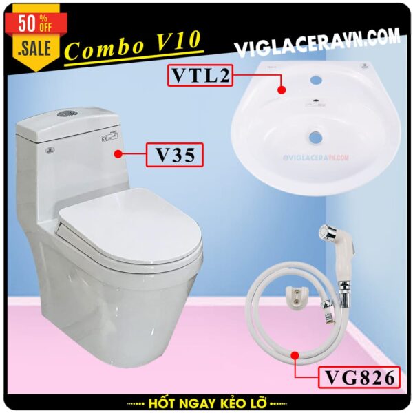 Combo khuyến mãi trọn bộ trọn bộ bồn cầu liền 1 khối Viglacera V35 vòi xịt vệ sinh VG826, chậu rửa lavabo V23.