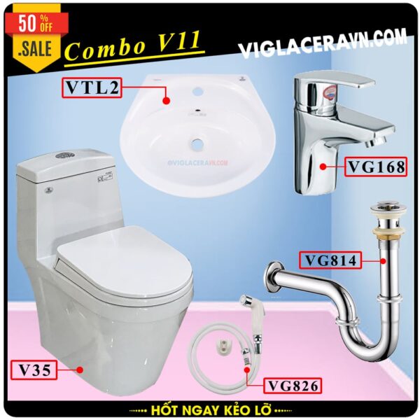 Combo khuyến mãi trọn bộ trọn bộ bồn cầu liền 1 khối Viglacera V35M, vòi xịt vệ sinh VG826, chậu rửa lavabo VTL2, vòi lavabo VG168, vả lavabo VG814