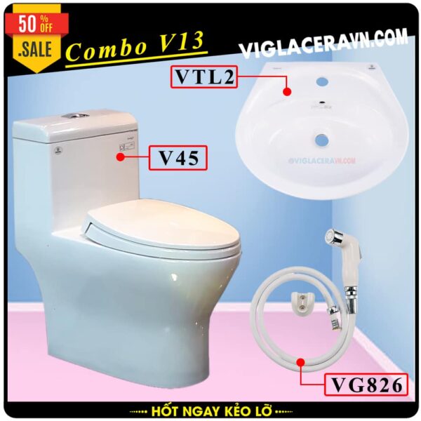 Combo khuyến mãi trọn bộ trọn bộ bồn cầu liền 1 khối Viglacera V45 vòi xịt vệ sinh VG826, chậu rửa lavabo V23.