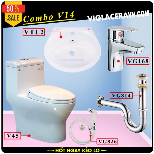 Combo khuyến mãi trọn bộ trọn bộ bồn cầu liền 1 khối Viglacera V45M, vòi xịt vệ sinh VG826, chậu rửa lavabo VTL2, vòi lavabo VG168, vả lavabo VG814