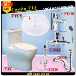 Combo khuyến mãi trọn bộ trọn bộ bồn cầu liền 1 khối Viglacera V45 vòi xịt vệ sinh VG826, chậu rửa lavabo VTL2, vòi lavabo VG168, xả lavabo VG814, vòi sen VG568