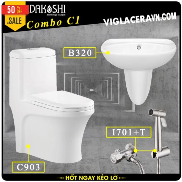 Gói combo khuyến mãi bao gồm bồn cầu liền 1 khối Dakoshi C903, chậu rửa lavabo treo tường có chân B320, vòi xịt vệ sinh inox I701
