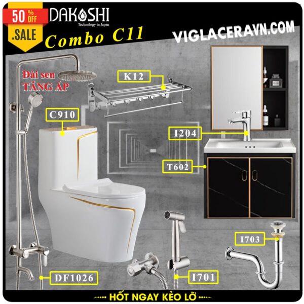 Gói combo khuyến mãi bao gồm bồn cầu liền 1 khối Dakoshi C911, Carbinet chậu rửa lavabo liền tủ, sen vòi inox nóng lạnh, gương soi, phụ kiện