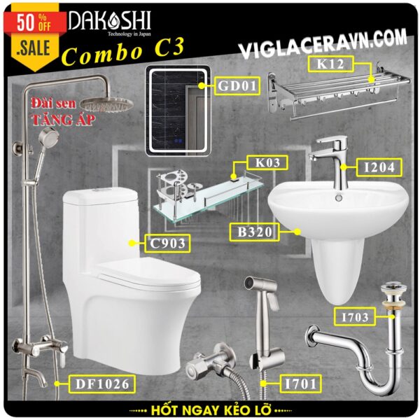 Gói combo khuyến mãi bao gồm bồn cầu liền 1 khối Dakoshi C903, chậu rửa lavabo, sen vòi inox nóng lạnh, gương soi, phụ kiện