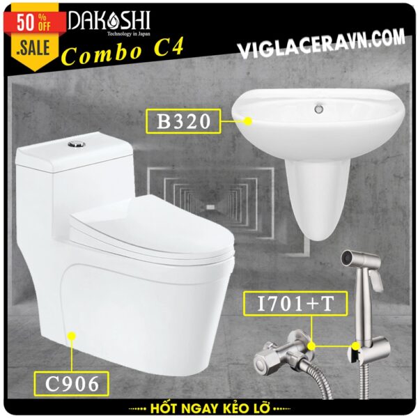 Gói combo khuyến mãi bao gồm bồn cầu liền 1 khối Dakoshi C906, chậu rửa lavabo treo tường có chân B320, vòi xịt vệ sinh inox I701
