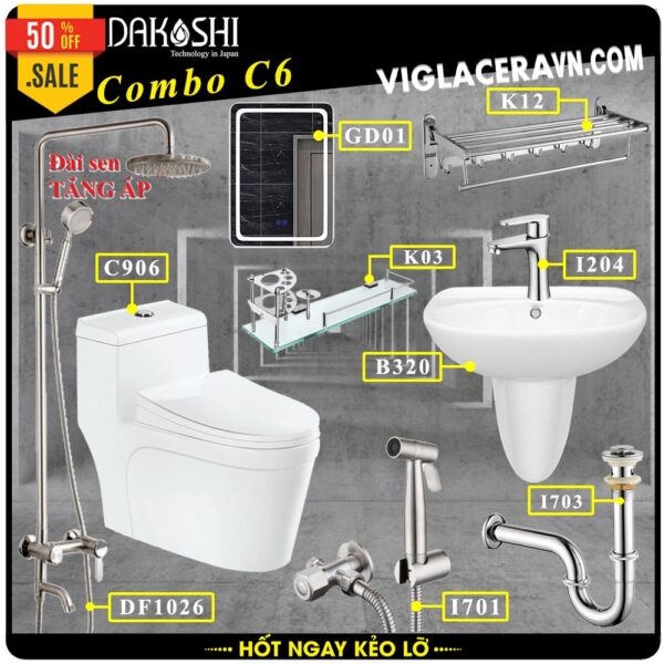 Gói combo khuyến mãi bao gồm bồn cầu liền 1 khối Dakoshi C906, chậu rửa lavabo, sen vòi inox nóng lạnh, gương soi, phụ kiện