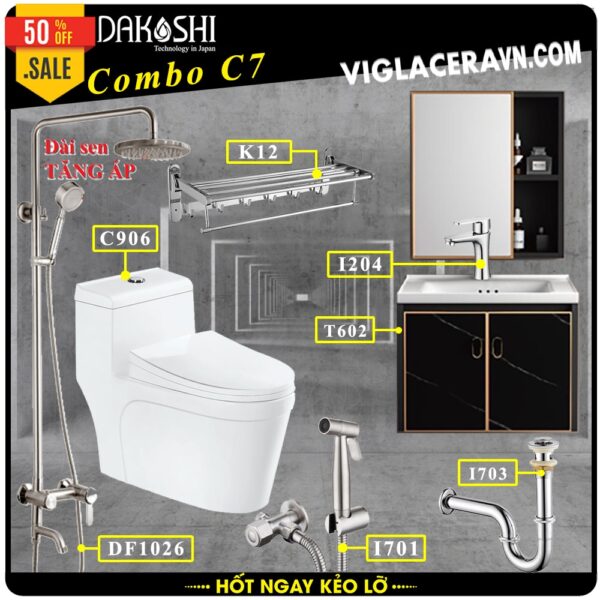 Gói combo khuyến mãi bao gồm bồn cầu liền 1 khối Dakoshi C906, Cabinet chậu rửa lavabo liền tủ, sen vòi inox nóng lạnh, gương soi, phụ kiện