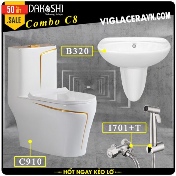 Gói combo khuyến mãi bao gồm bồn cầu liền 1 khối Dakoshi C910, chậu rửa lavabo treo tường có chân B320, vòi xịt vệ sinh inox I701