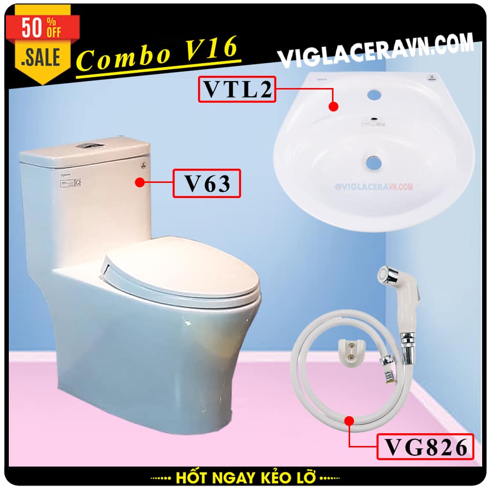 Combo khuyến mãi trọn bộ trọn bộ bồn cầu liền 1 khối Viglacera V63 vòi xịt vệ sinh VG826, chậu rửa lavabo V23.