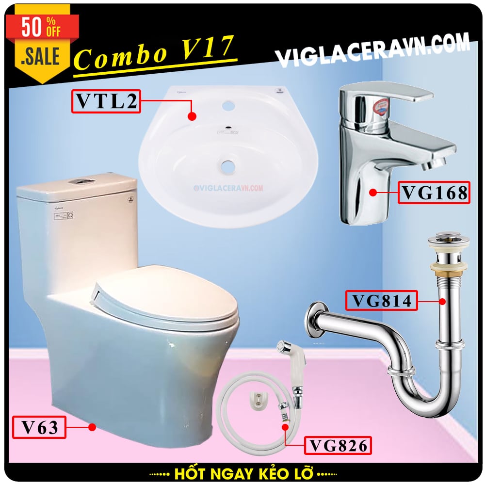 Combo khuyến mãi trọn bộ trọn bộ bồn cầu liền 1 khối Viglacera V63 vòi xịt vệ sinh VG826, chậu rửa lavabo VTL2, vòi lavabo VG168, vả lavabo VG814