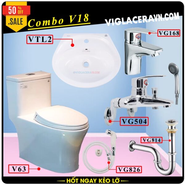 Combo khuyến mãi trọn bộ trọn bộ bồn cầu liền 1 khối Viglacera V63 vòi xịt vệ sinh VG826, chậu rửa lavabo VTL2, vòi lavabo VG168, xả lavabo VG814, vòi sen VG568