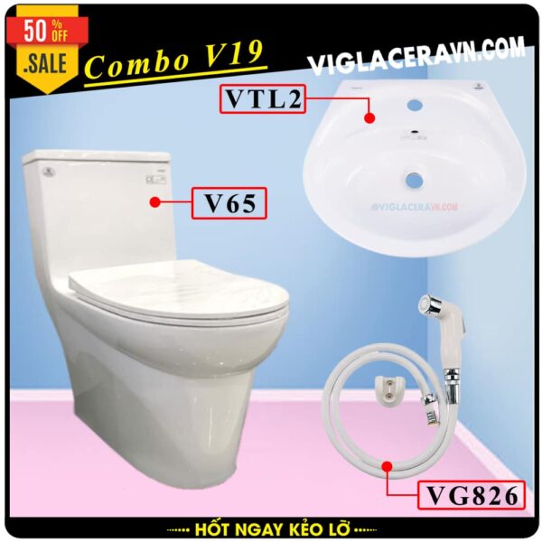 Combo khuyến mãi trọn bộ trọn bộ bồn cầu liền 1 khối Viglacera V65 vòi xịt vệ sinh VG826, chậu rửa lavabo V23.