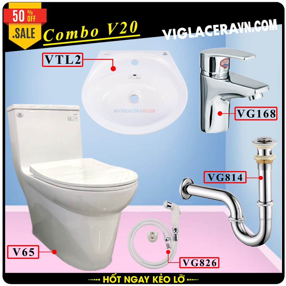 Combo khuyến mãi trọn bộ trọn bộ bồn cầu liền 1 khối Viglacera V65, vòi xịt vệ sinh VG826, chậu rửa lavabo VTL2, vòi lavabo VG168, vả lavabo VG814