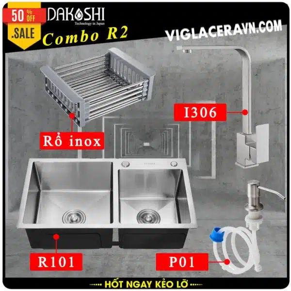 Combo khuyến mãi trọn gói chậu rửa chén bát inox Dakoshi R101 (8245L), vòi rửa chén inox nóng lạnh I306, Bình xà bông P01
