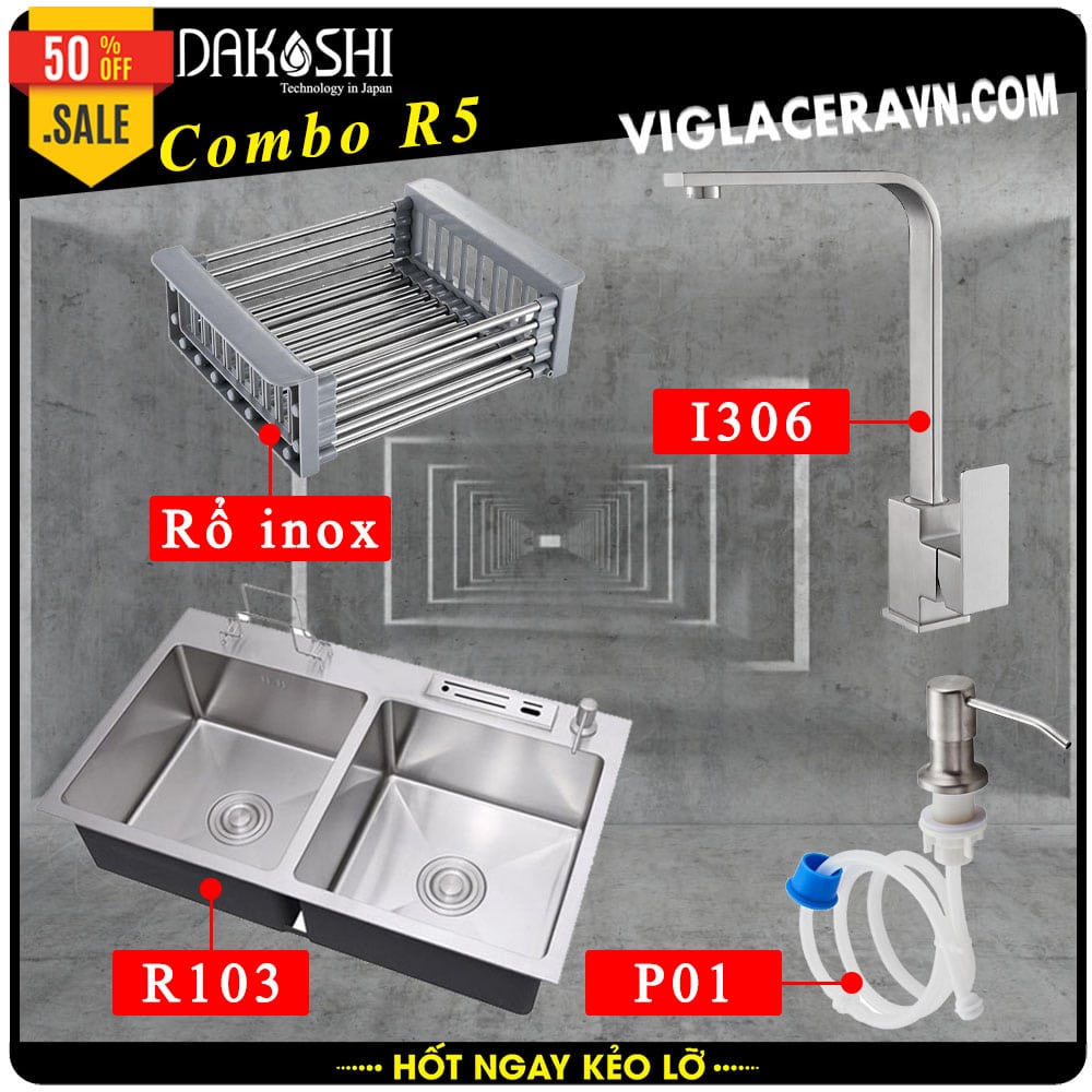 Combo khuyến mãi trọn gói chậu rửa chén bát inox Dakoshi R103 (8245VD), vòi rửa chén inox nóng lạnh I306, Bình xà bông P01v