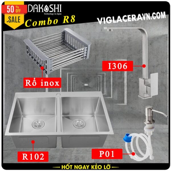 Combo khuyến mãi trọn gói chậu rửa chén bát inox Dakoshi R102 (8245D), vòi rửa chén inox nóng lạnh I306, Bình xà bông P01