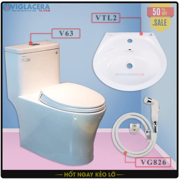 Combo trọn bộ bồn cầu két liền 1 khối Viglacera V63, chậu rửa lavabo treo tường Viglacera VTL2, Vòi xịt vệ sinh bồn cầu Viglacera VG826.