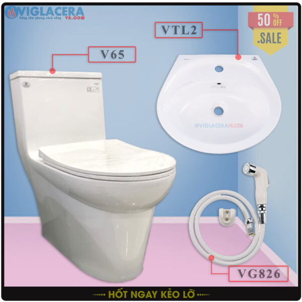 Combo trọn bộ bồn cầu két liền 1 khối Viglacera V65, chậu rửa lavabo treo tường Viglacera VTL2, Vòi xịt vệ sinh bồn cầu Viglacera VG826.