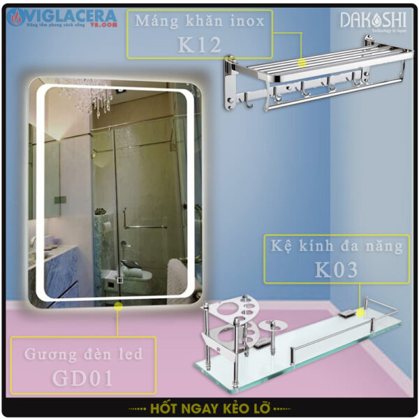 Combo trọn bộ phụ kiện phòng tắm cao cấp Dakoshi: Gương soi đèn led cảm ứng Dakoshi GD01, Kệ kính đa năng Dakoshi K03, Mắng khăn tầng đa năng K12 inox SUS304 không gỉ sét.