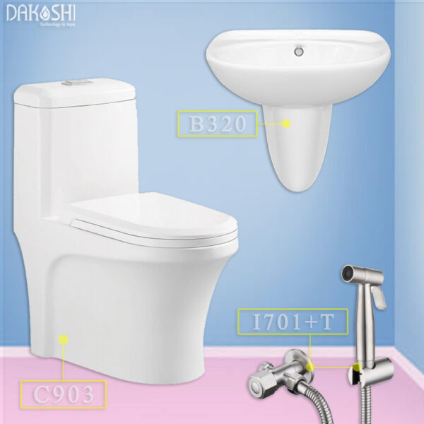 Gói combo khuyến mãi bao gồm bồn cầu liền 1 khối Dakoshi C903, chậu rửa lavabo treo tường có chân B320, vòi xịt vệ sinh inox I701