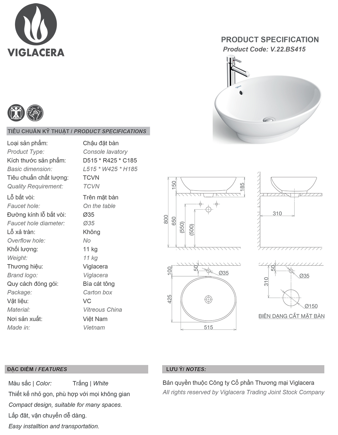 Bản vẽ thông số kỹ thuật chậu rửa mặt lavabo đặt bàn Viglacera BS4015