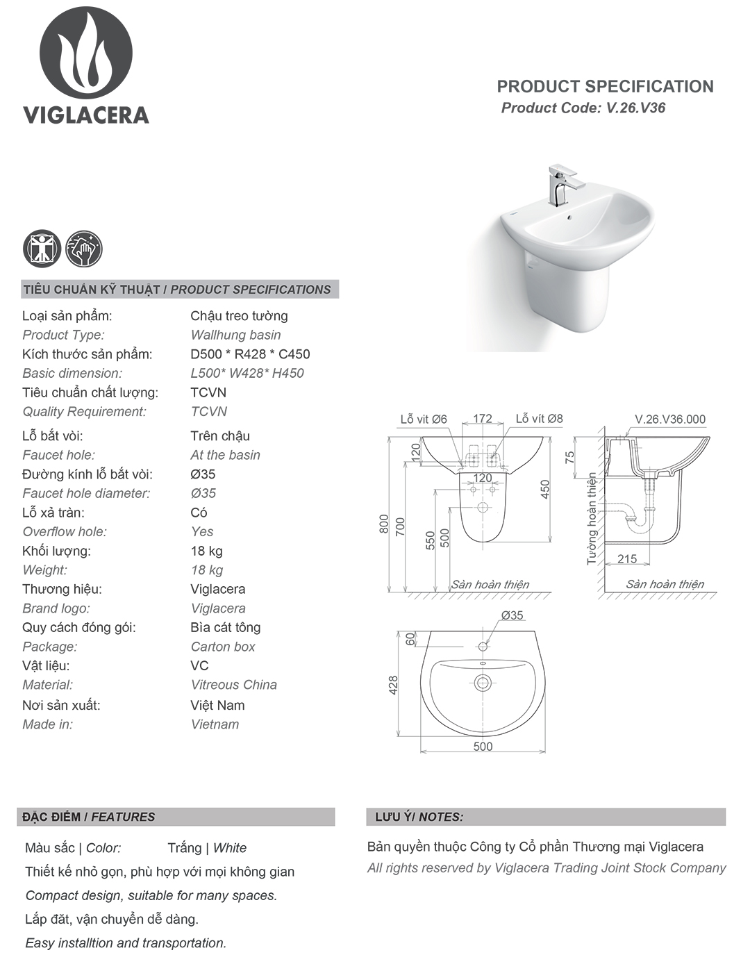Bản vẽ thông số Bộ chậu rửa mặt lavabo treo tường Viglacera V36 kèm chân đỡ vững chắc