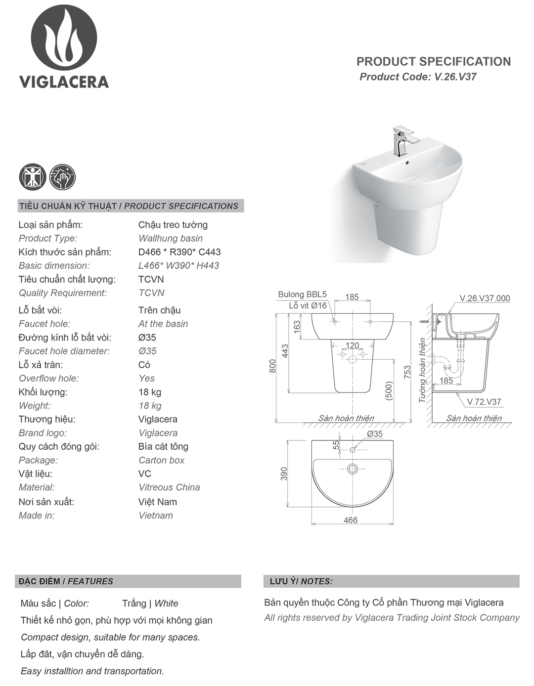 Bản vẽ thông số Bộ chậu rửa mặt lavabo treo tường Viglacera V37 kèm chân đỡ vững chắc