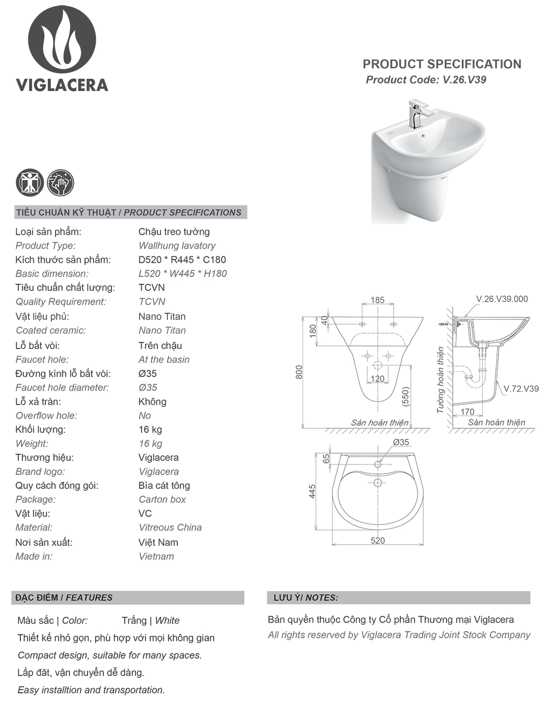 Bản vẽ thông số Bộ chậu rửa mặt lavabo treo tường Viglacera V39 kèm chân đỡ vững chắc