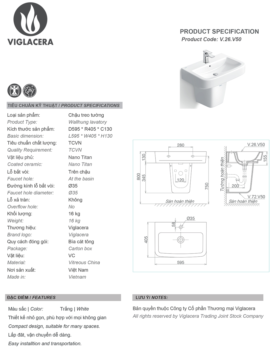 Bản vẽ thông số Bộ chậu rửa mặt lavabo treo tường Viglacera V50 (CD50) kèm chân đỡ vững chắc