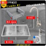 Combo khuyến mãi trọn gói chậu rửa chén bát inox Dakoshi R102 (8245D), vòi rửa chén inox nóng lạnh I301, Bình xà bông P01