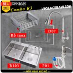 Combo khuyến mãi trọn gói chậu rửa chén bát inox Dakoshi R103 (8245VD), vòi rửa chén rút dây inox nóng lạnh I307, Bình xà bông P01