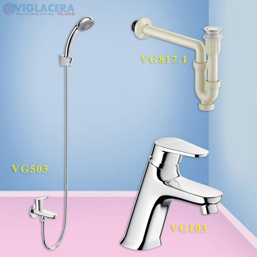 Combo khuyến mãi trọn bộ sen vòi lạnh Viglacera, vòi sen tắm Viglacera VG503, Vòi chậu rửa lavabo Viglacera VG103, Bộ xihong xả thoát nước chậu rửa lavabo VG817.1