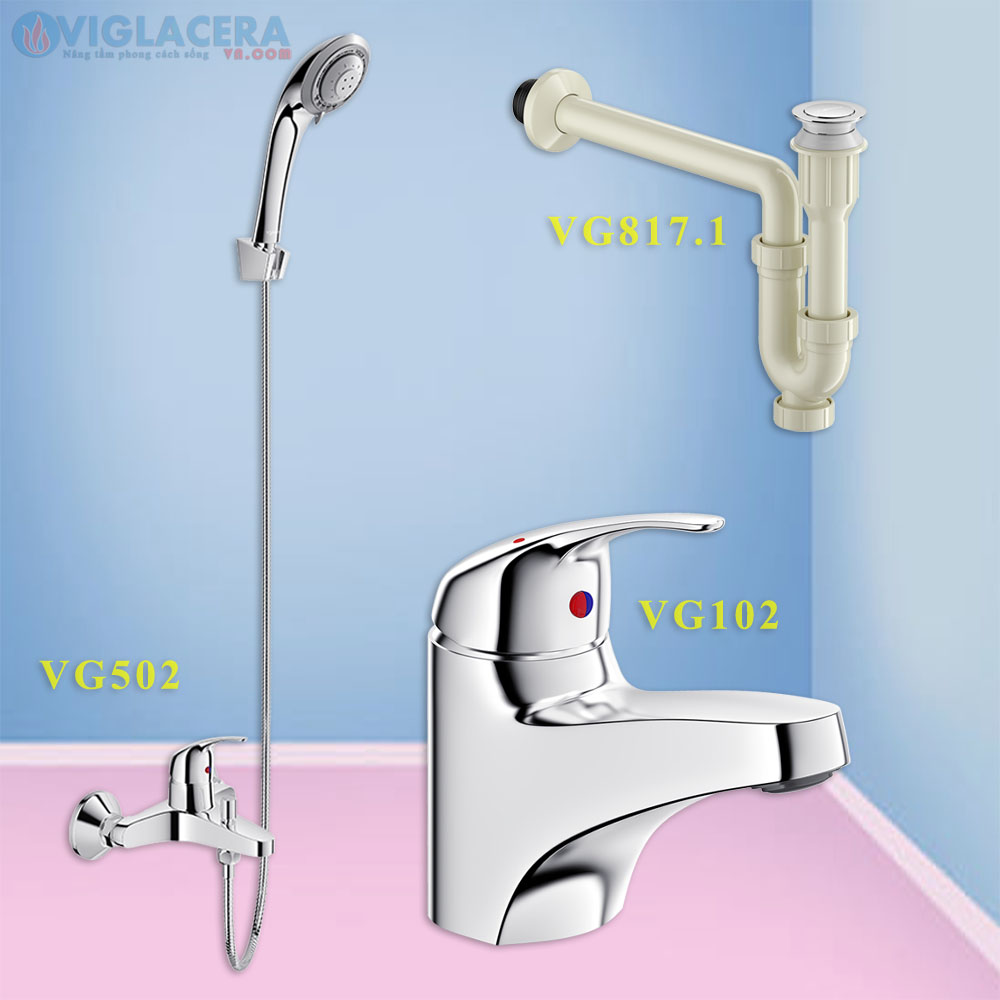 Combo khuyến mãi trọn bộ sen vòi nóng lạnh Viglacera, vòi sen tắm Viglacera VG502, Vòi chậu rửa lavabo Viglacera VG102, Bộ xihong xả thoát nước chậu rửa lavabo VG817.1