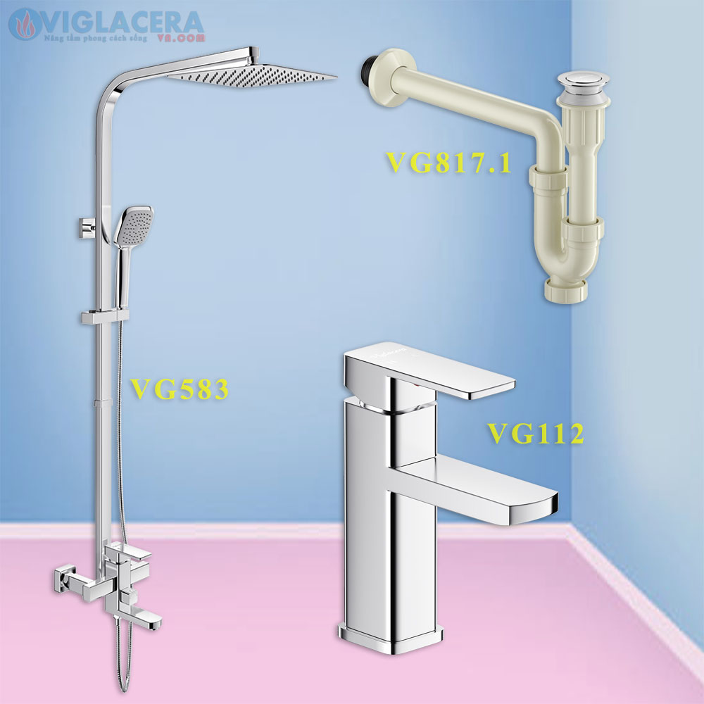 Combo khuyến mãi trọn bộ sen vòi nóng lạnh Viglacera, vòi sen tắm Viglacera VG583, Vòi chậu rửa lavabo Viglacera VG112, Bộ xihong xả thoát nước chậu rửa lavabo VG817.1