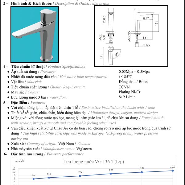 Thông số kỹ thuật vòi lavabo nóng lạnh Vigalcera VG136.1 chính hãng giá rẻ, thân vòi đúc từ đồng thau nguyên chất mạ Ni + Crom sáng bóng