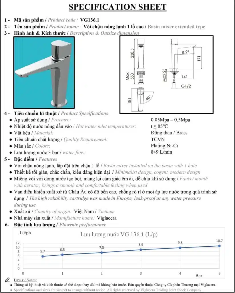 Thông số kỹ thuật vòi lavabo nóng lạnh Vigalcera VG136.1 chính hãng giá rẻ, thân vòi đúc từ đồng thau nguyên chất mạ Ni + Crom sáng bóng
