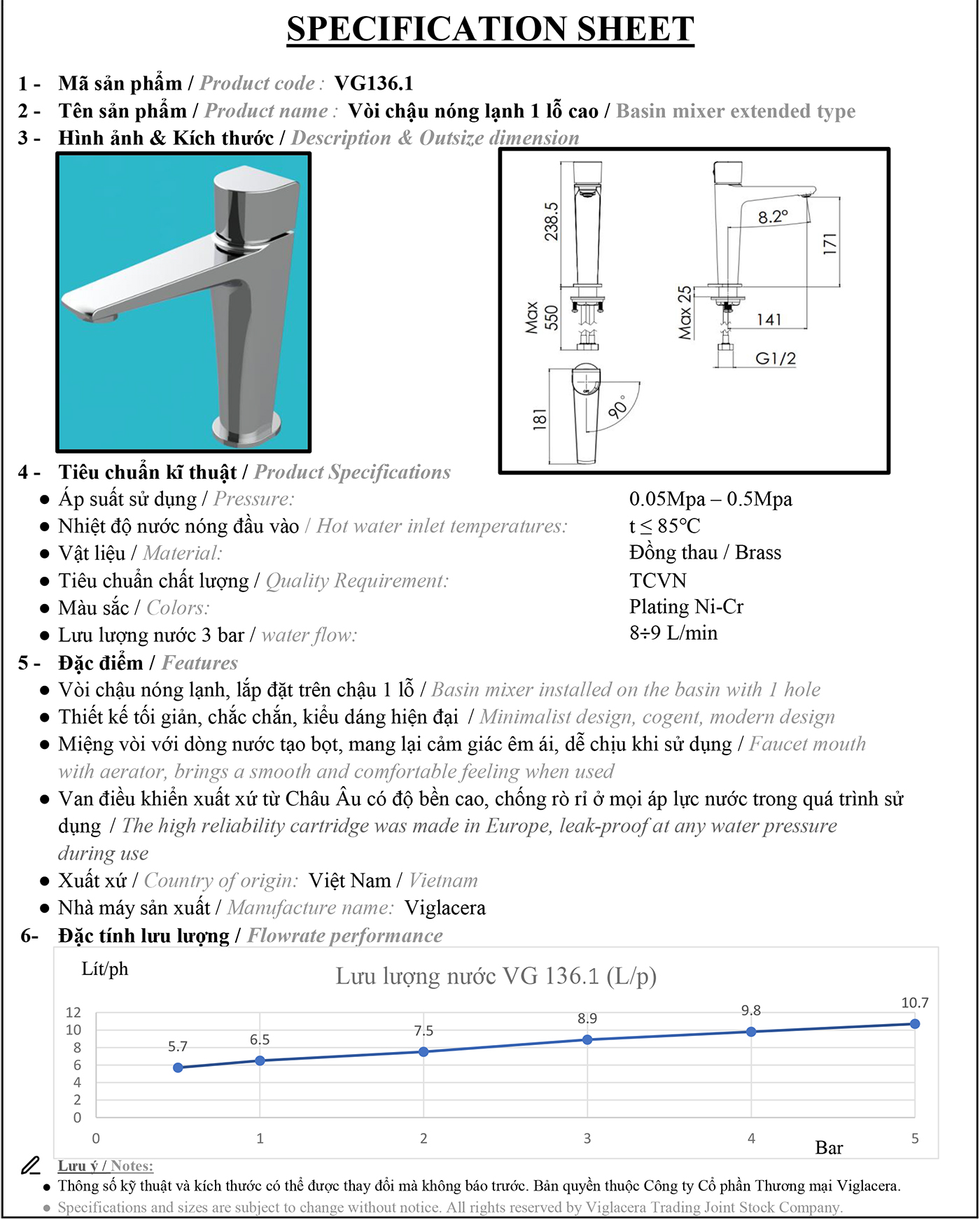 Thông số kỹ thuật vòi lavabo nóng lạnh Vigalcera VG136.1 chính hãng giá rẻ, thân vòi đúc từ đồng thau nguyên chất mạ Ni + Crom sáng bóng