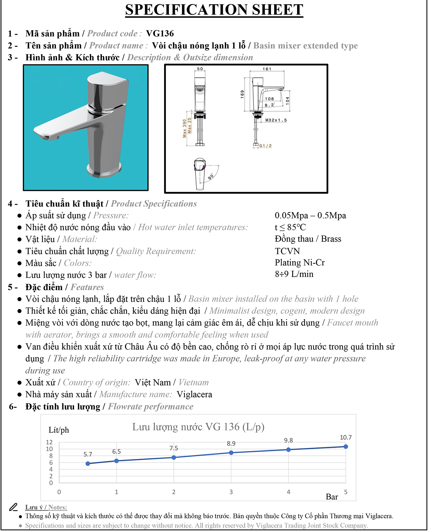 Thông số kỹ thuật vòi lavabo nóng lạnh Vigalcera VG136 chính hãng giá rẻ, thân vòi đúc từ đồng thau nguyên chất mạ Ni + Crom sáng bóng