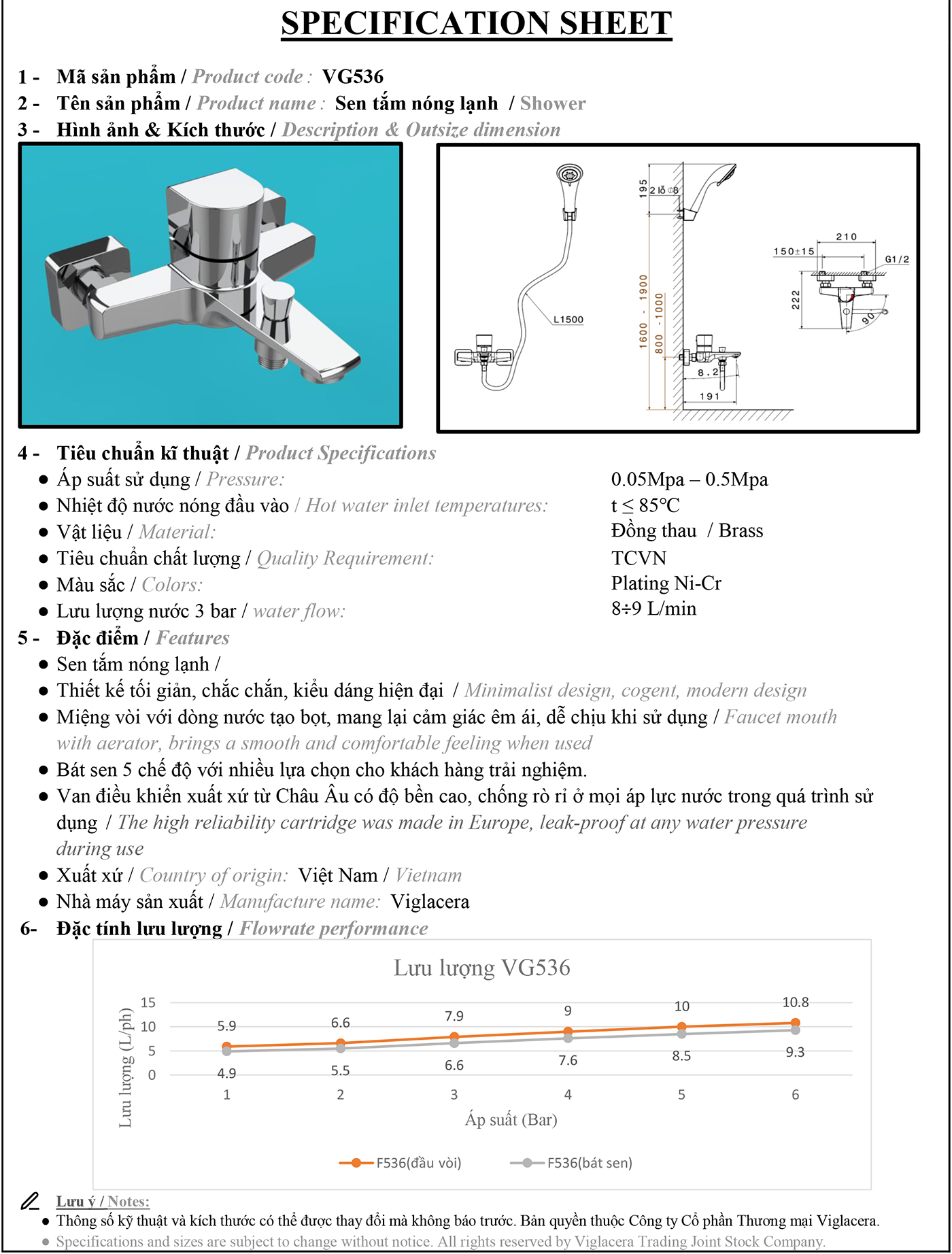 Vòi sen tắm nóng lạnh Vigalcera VG536 chính hãng giá rẻ, thân vòi đúc từ đồng thau nguyên chất mạ Ni + Crom sáng bóng