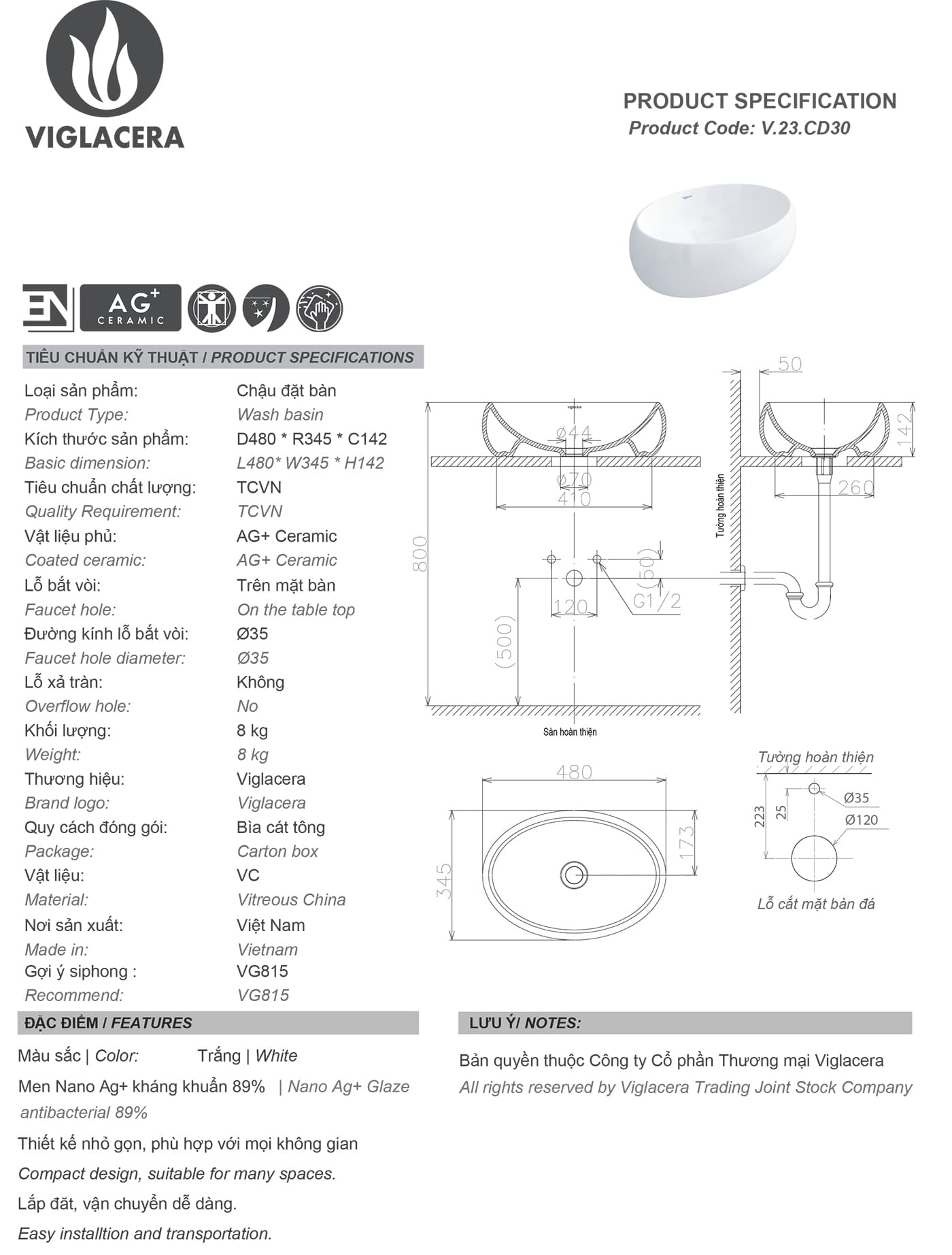 Bản vẽ thông số kỹ thuật chậu rửa mặt lavabo Vigalcera CD30 chính hãng giá rẻ