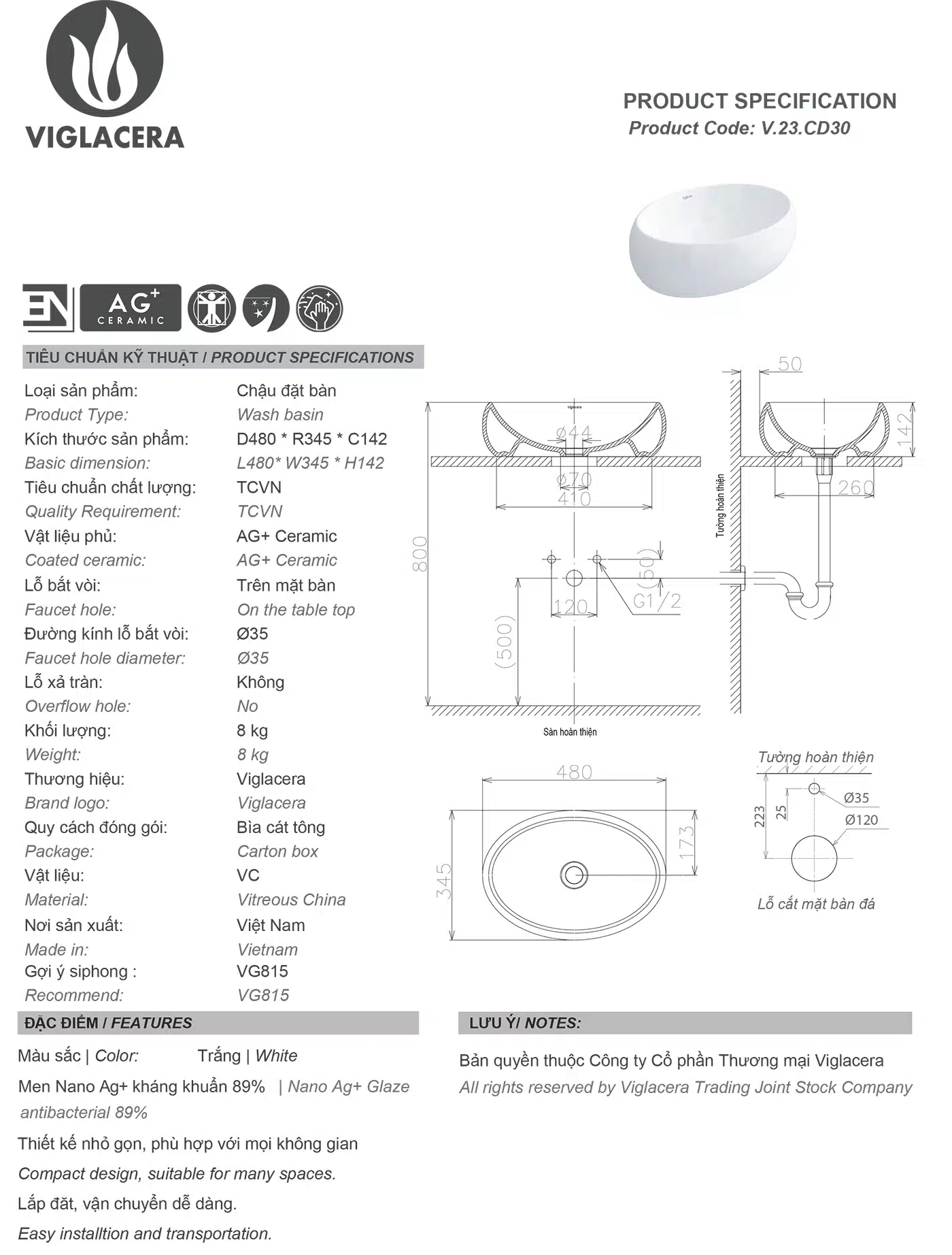 Bản vẽ thông số kỹ thuật chậu rửa mặt lavabo Vigalcera CD30 chính hãng giá rẻ