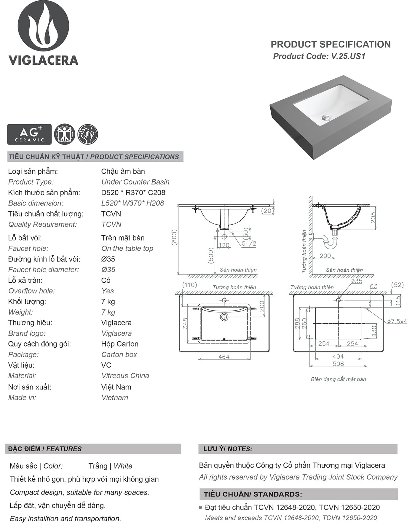 Bản vẽ thông số chậu rửa lavabo Viglacera US1 Bản vẽ thông số kỹ thuật chậu rửa mặt lavabo Vigalcera US1 chính hãng giá rẻ