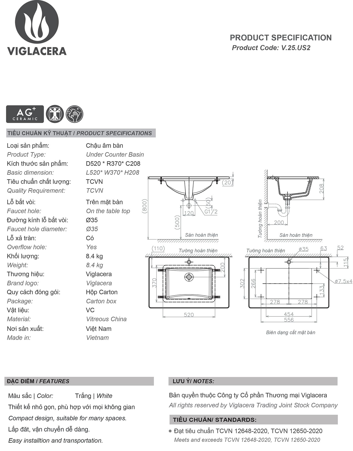 Chậu rửa mặt lavabo Viglacera Viglacera US2 Bản vẽ thông số kỹ thuật chậu rửa mặt lavabo Vigalcera US2 chính hãng giá rẻ