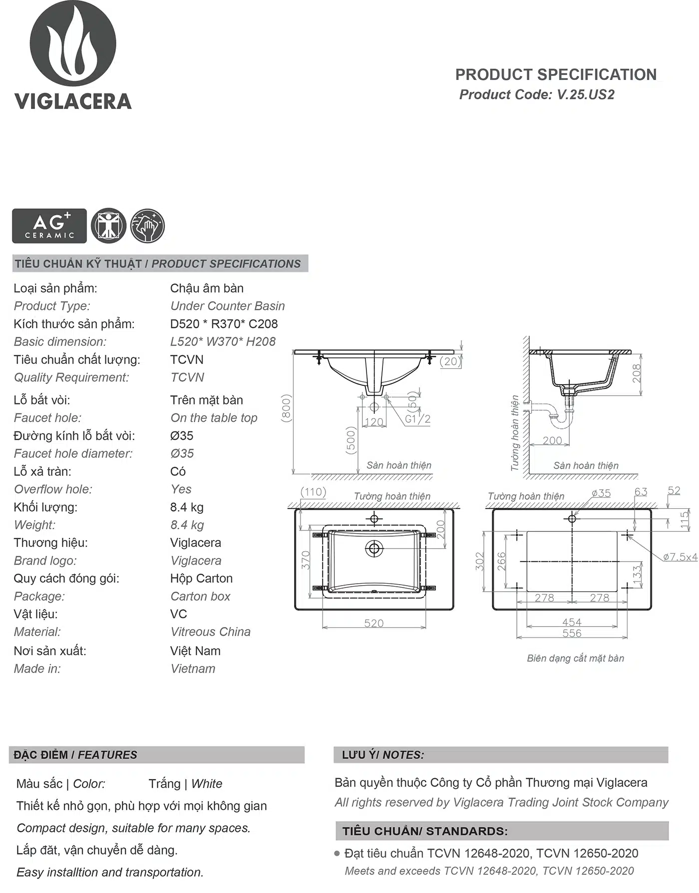 Bản vẽ thông số kỹ thuật chậu rửa mặt lavabo Vigalcera US2 chính hãng giá rẻ