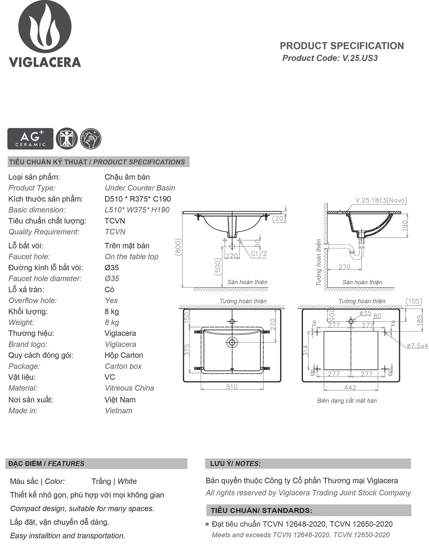 Bản vẽ thông số kỹ thuật chậu rửa mặt lavabo Vigalcera US3 chính hãng giá rẻ