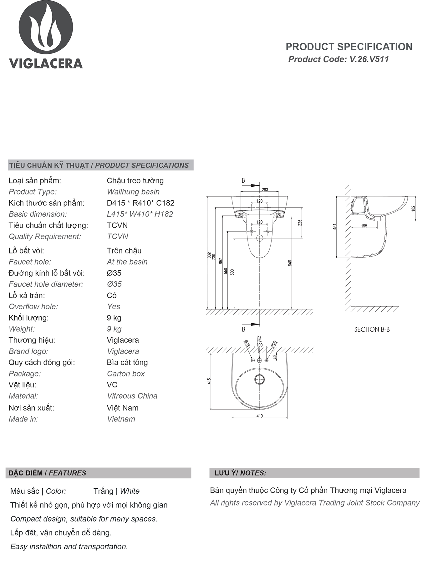 Bản vẽ thông số kỹ thuật chậu rửa mặt lavabo Vigalcera V511 chính hãng giá rẻ