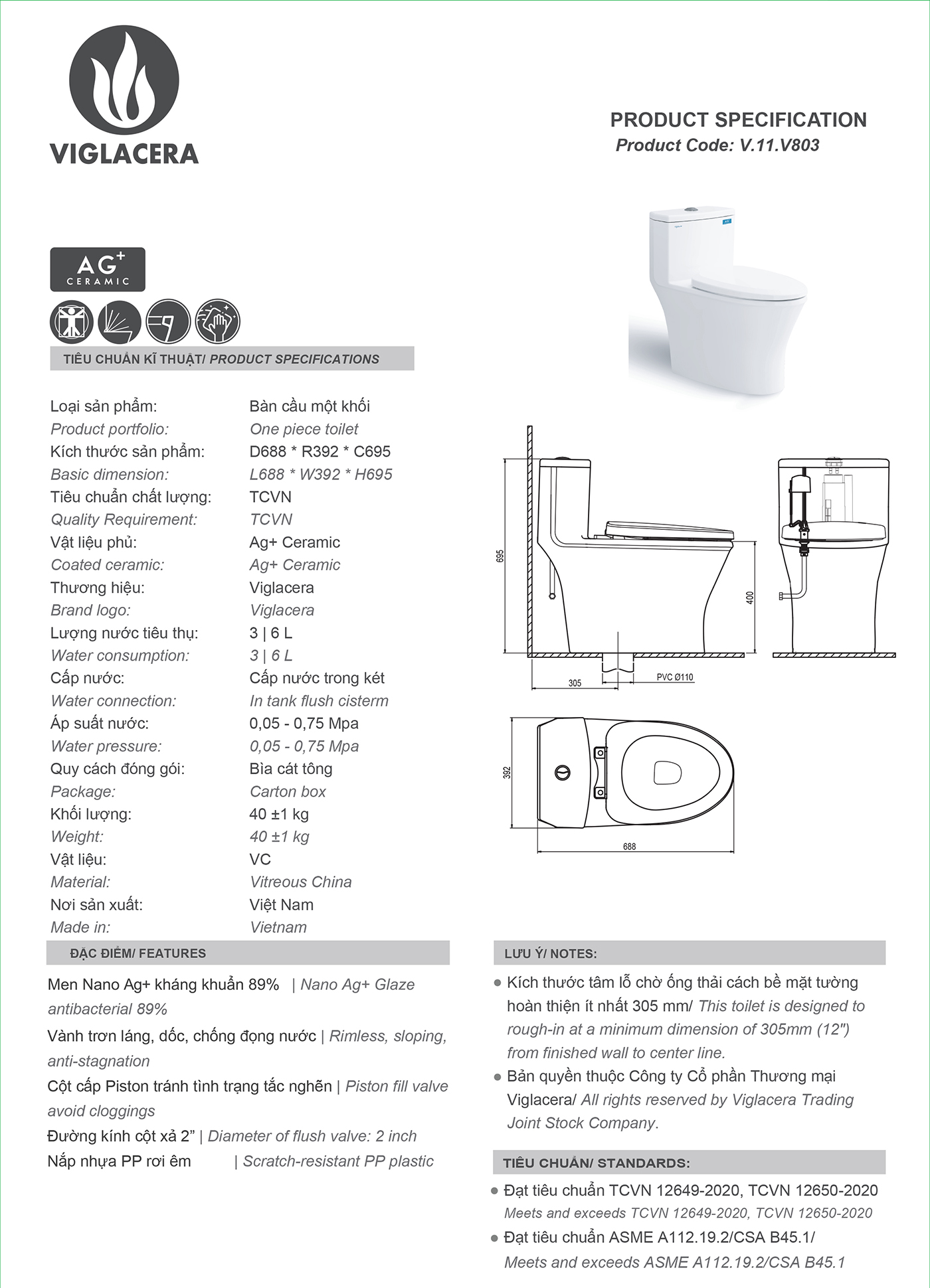 Bản vẽ thông số kỹ thuật bồn cầu liền khối Vigalcera V803 chính hãng giá rẻ